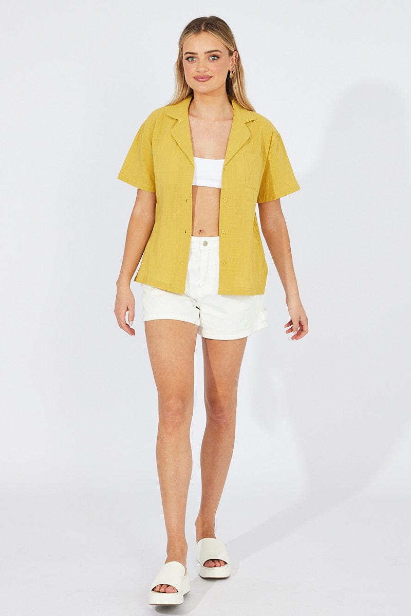 Yellow Shirt Short Sleeve Collared Neck for Ally Fashion