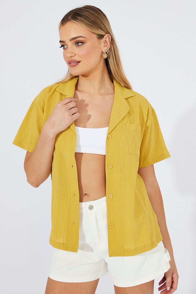 Yellow Shirt Short Sleeve Collared Neck for Ally Fashion