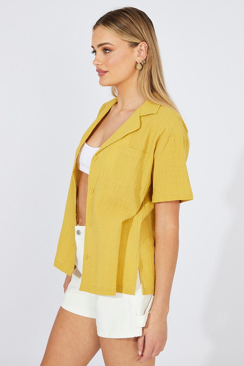 Yellow Shirt Short Sleeve Collared Neck for Ally Fashion