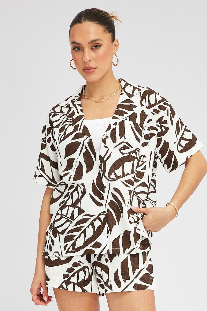 Brown Abstract Linen Shirt Short Sleeve for Ally Fashion