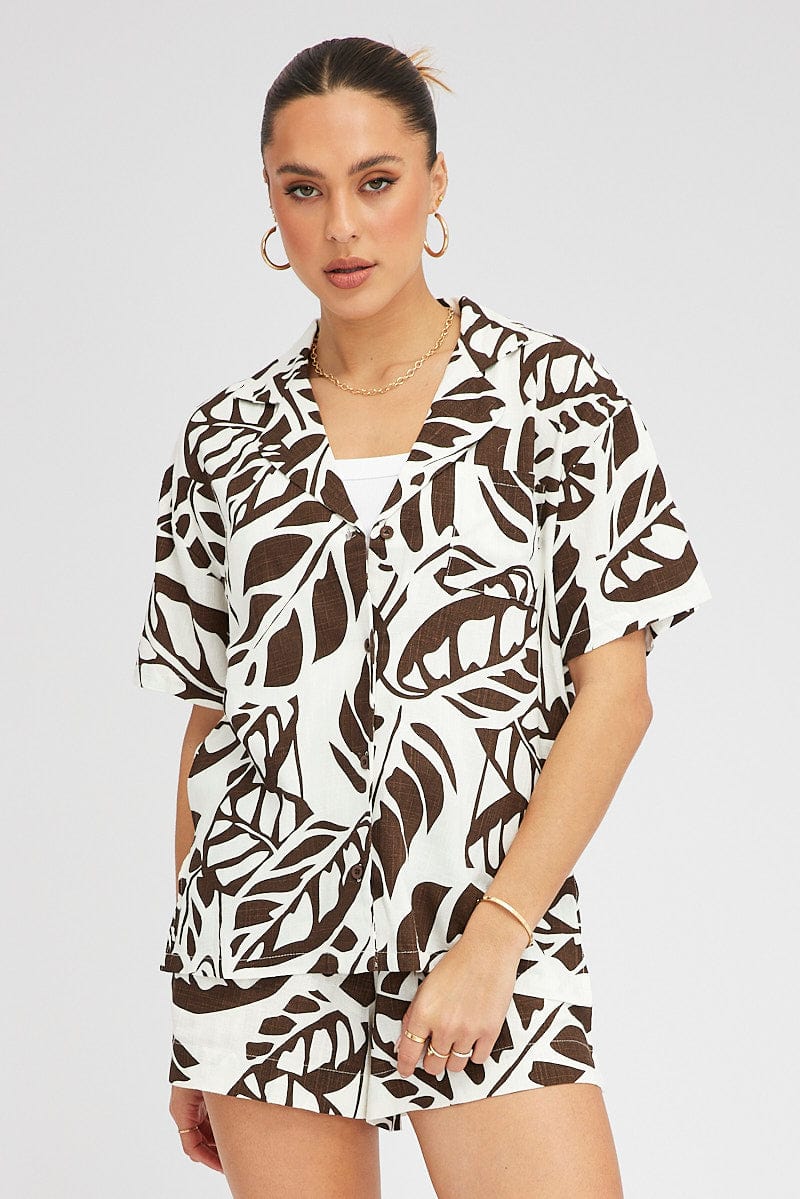 Brown Abstract Linen Shirt Short Sleeve for Ally Fashion