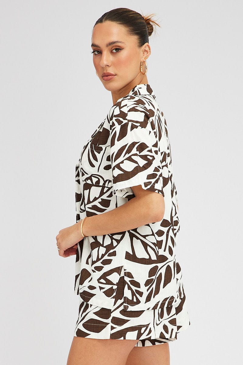 Brown Abstract Linen Shirt Short Sleeve for Ally Fashion