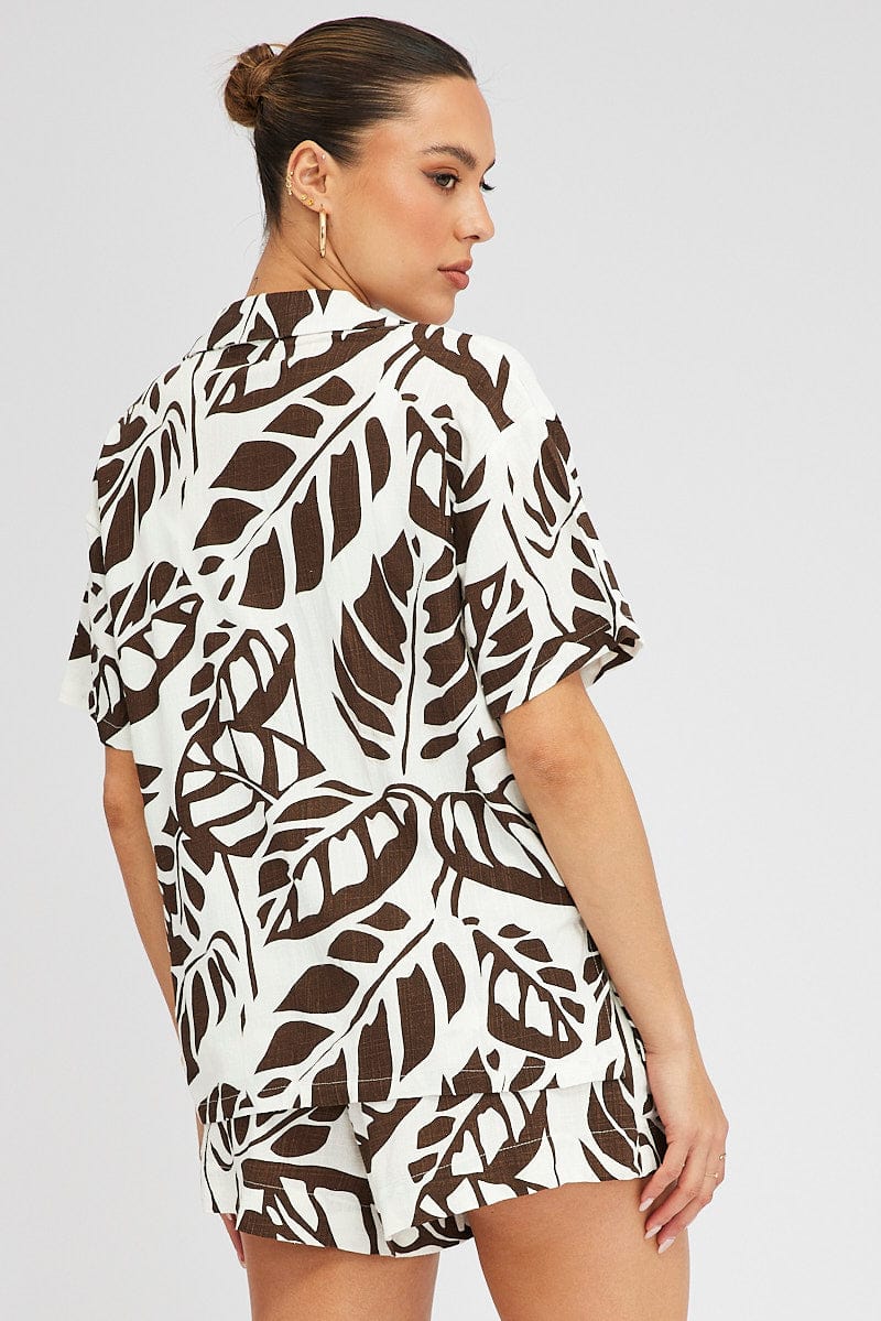 Brown Abstract Linen Shirt Short Sleeve for Ally Fashion