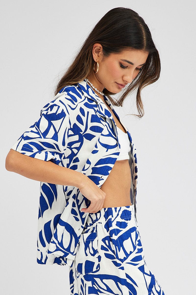 Blue Abstract Linen Shirt Short Sleeve for Ally Fashion