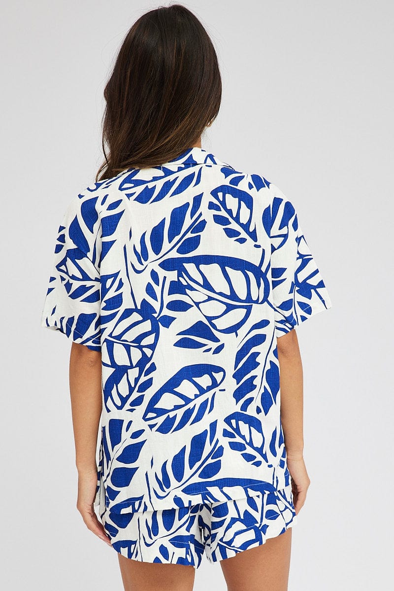 Blue Abstract Linen Shirt Short Sleeve for Ally Fashion