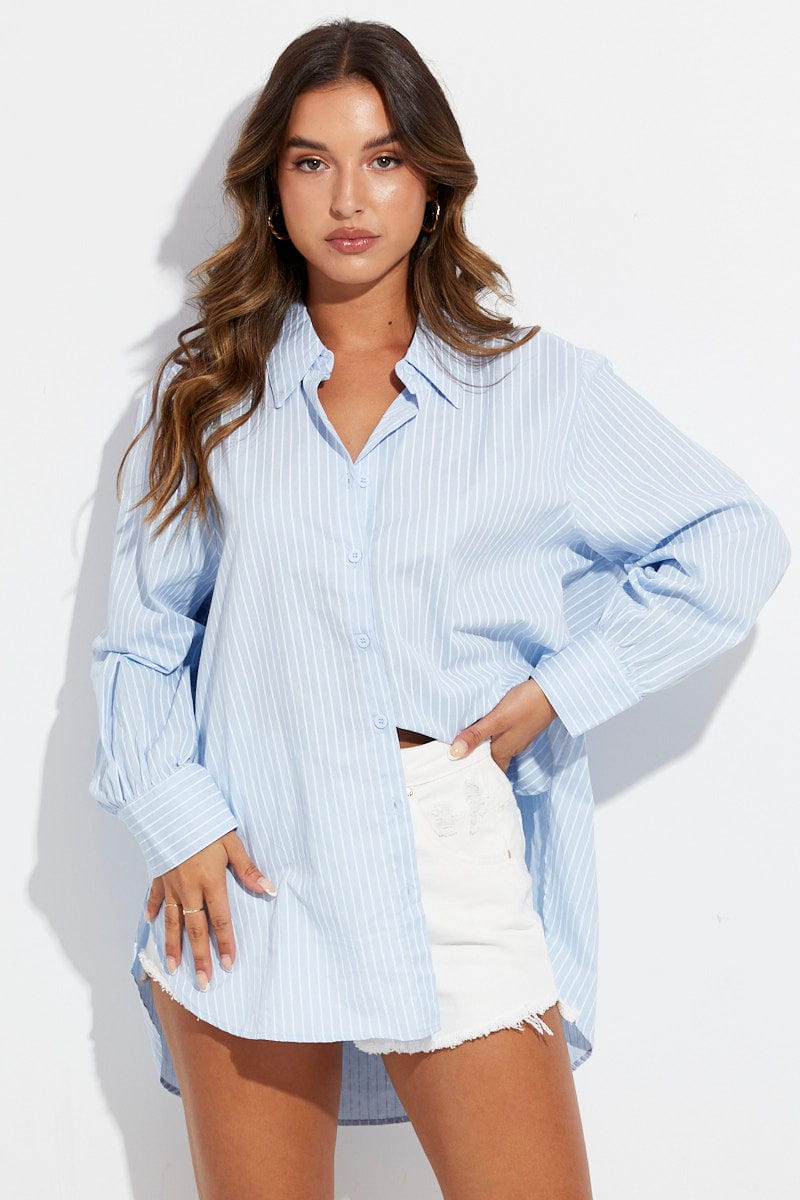 Blue Stripe Shirt Long Sleeve Collar for Ally Fashion