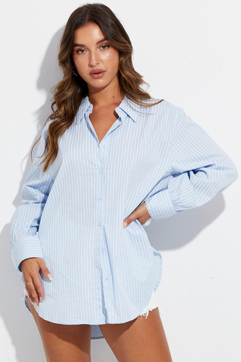 Blue Stripe Shirt Long Sleeve Collar for Ally Fashion