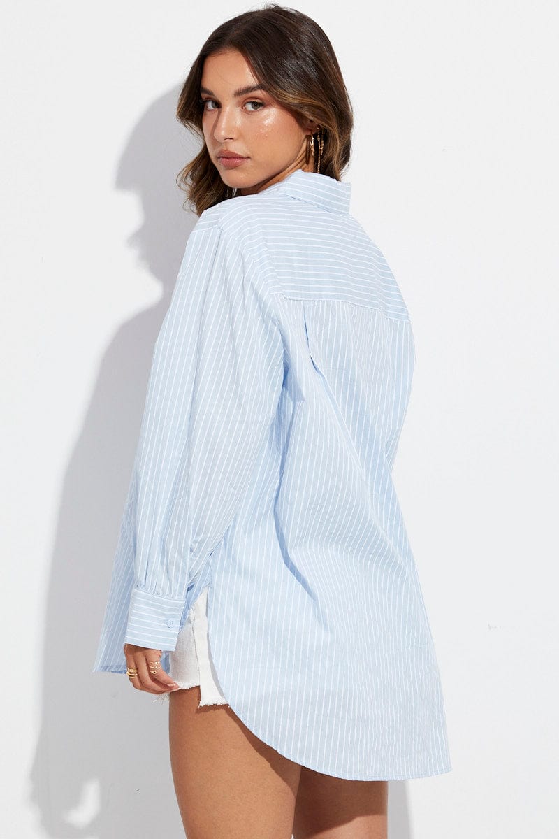 Blue Stripe Shirt Long Sleeve Collar for Ally Fashion