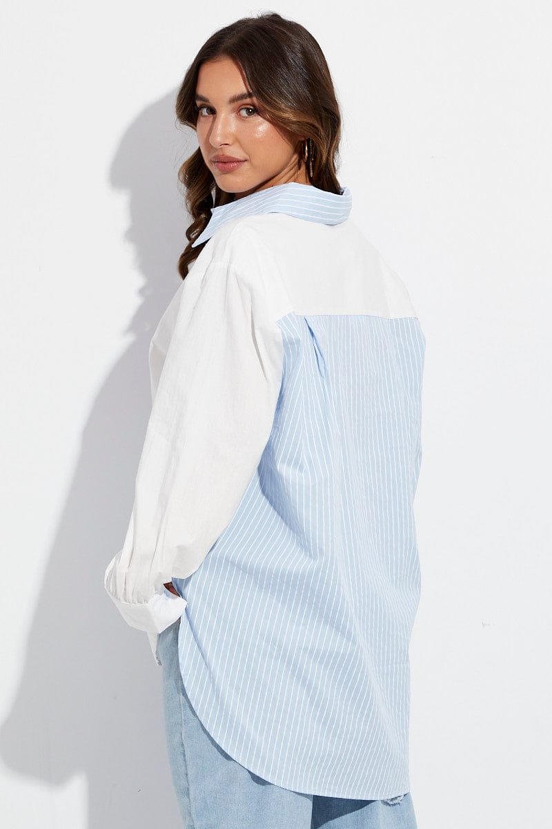 Blue Stripe Shirt Long Sleeve Collar Colour Block | Ally Fashion