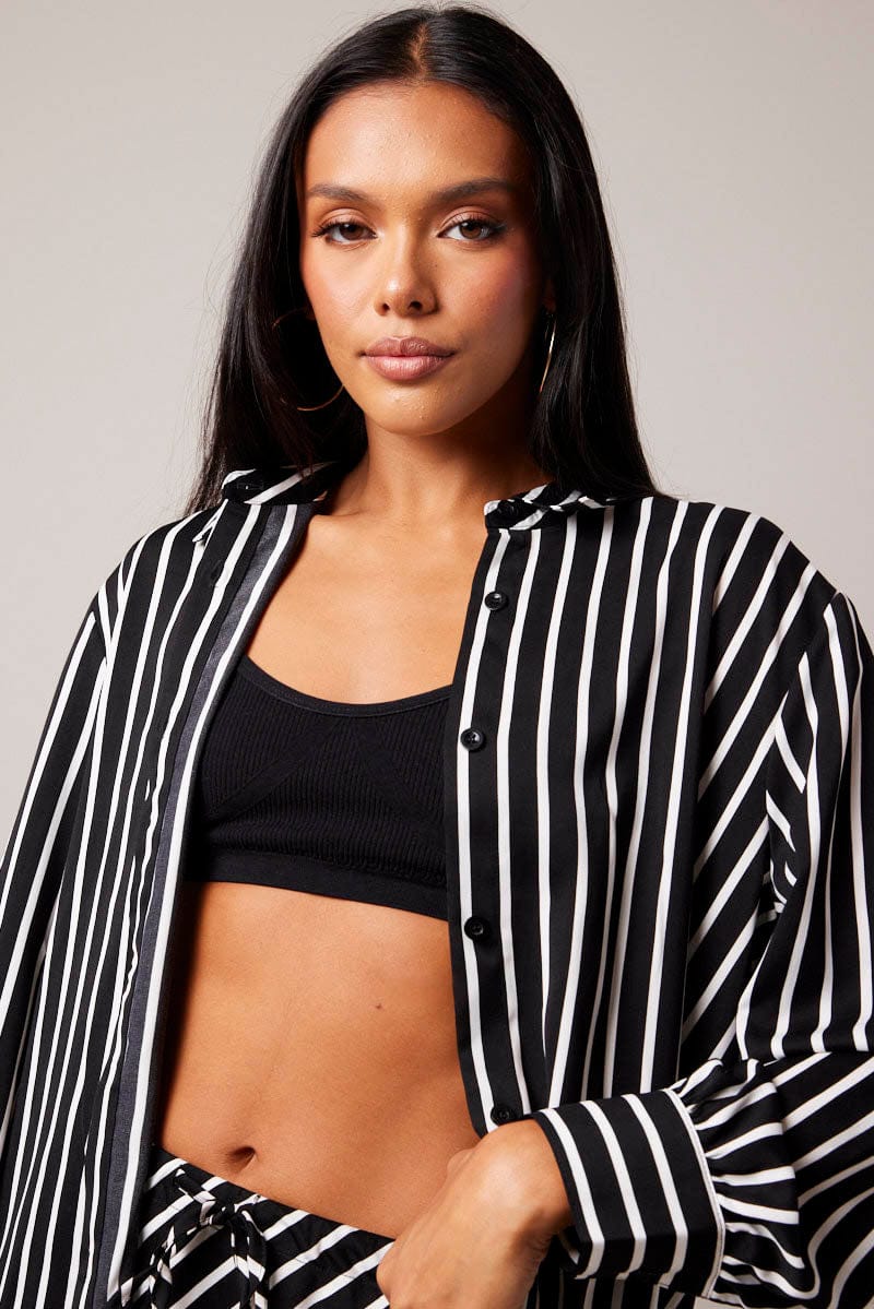 Black Stripe Relaxed Shirt Long Sleeve for Ally Fashion