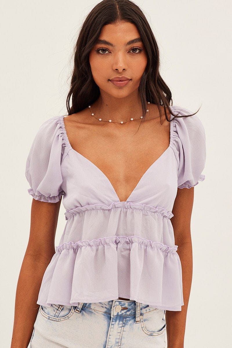 Lilac Ruffle V Neck Puff Sleeve Tiered Top for Ally Fashion