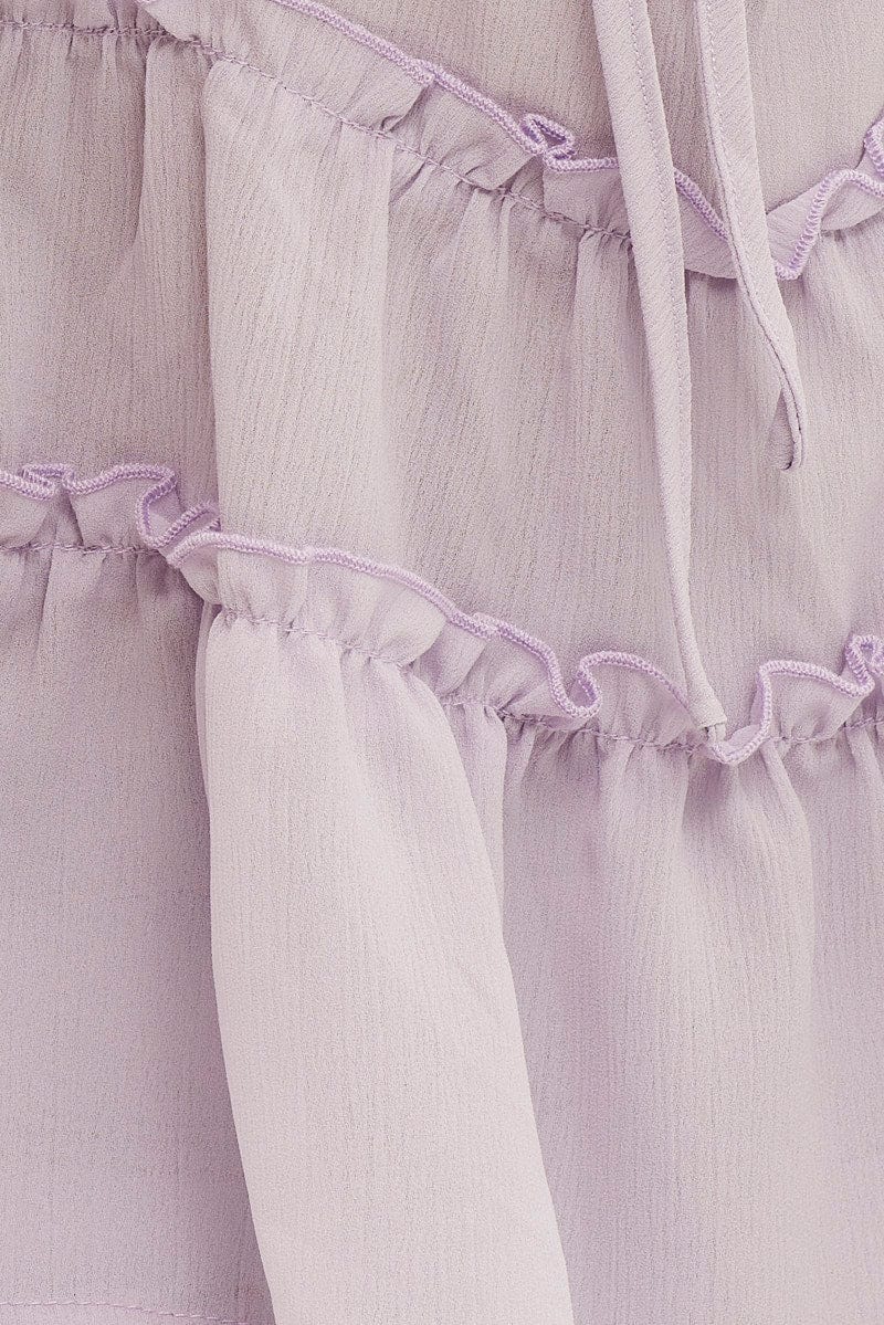Lilac Ruffle V Neck Puff Sleeve Tiered Top for Ally Fashion