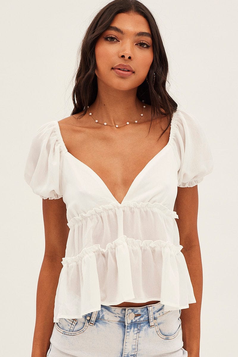 White Ruffle V Neck Puff Sleeve Tiered Top for Ally Fashion