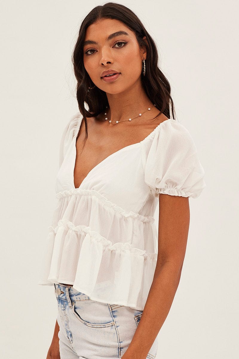 White Ruffle V Neck Puff Sleeve Tiered Top for Ally Fashion