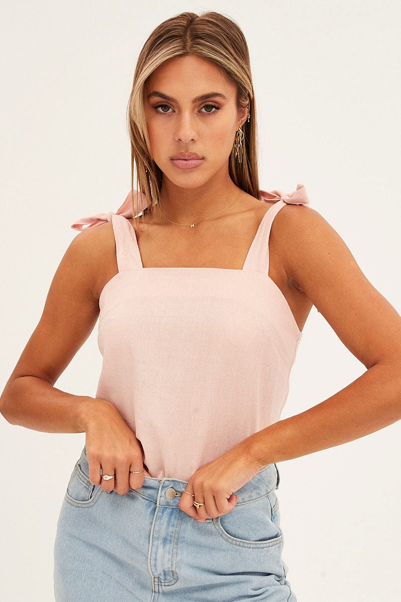 Pink Tie Strap Straight Neck Cami for Ally Fashion