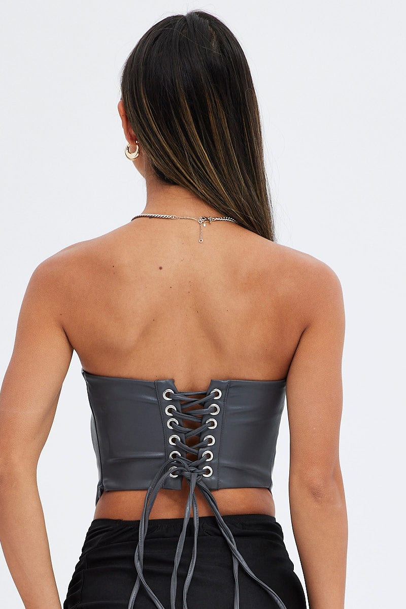 Charcoal Washed Pu Hook Eye Structured Corset