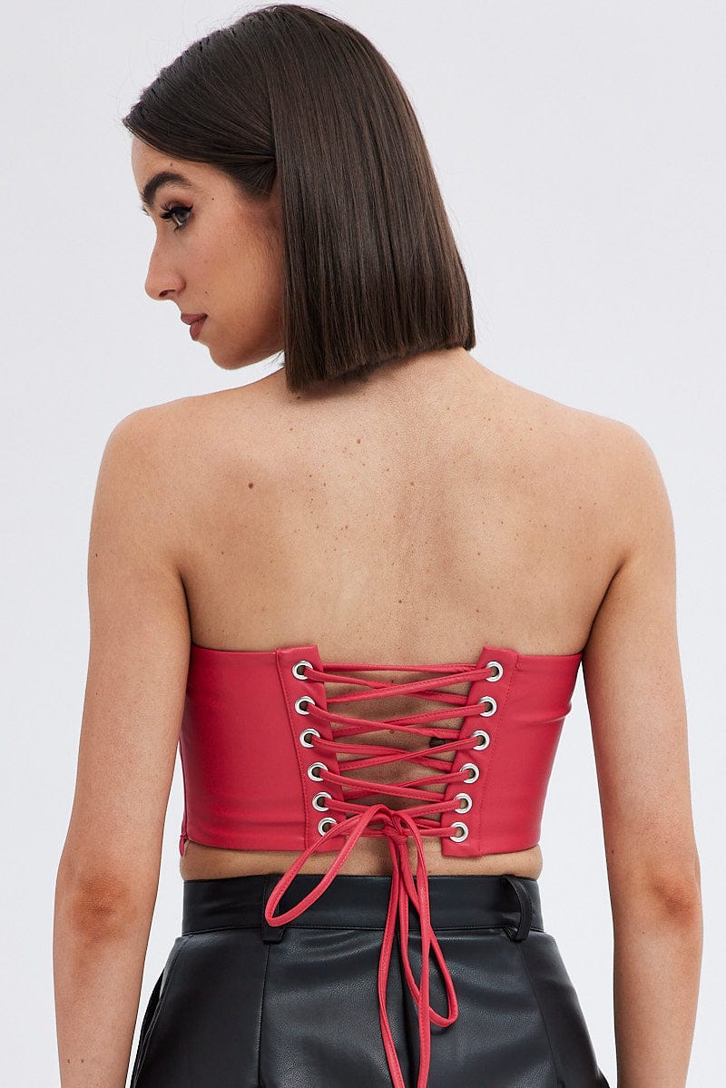 Red Lace Up Corset Faux Leather for Ally Fashion