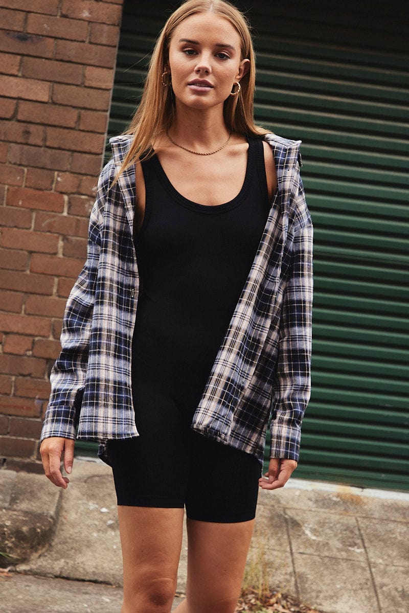 Black Check Shirt Long Sleeve Collar Check for Ally Fashion