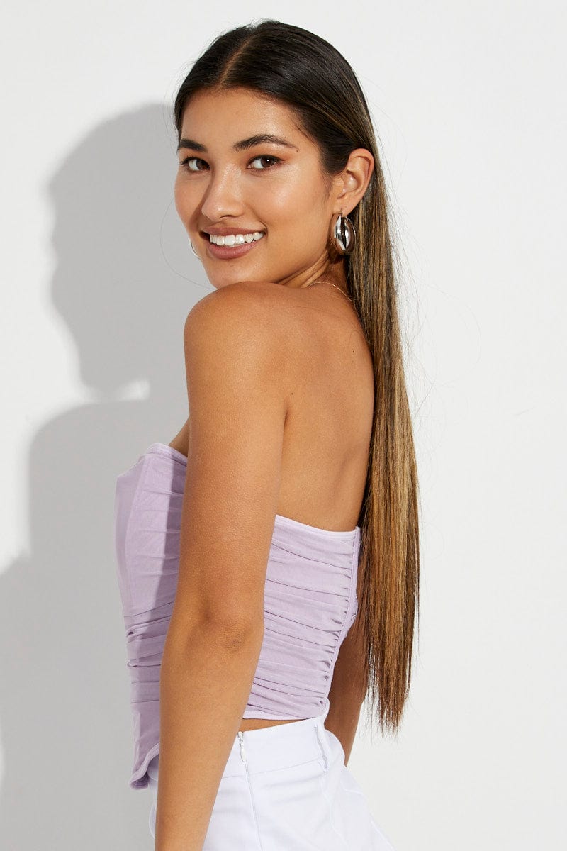 Wild Card Ruched Mesh Corset Crop Top in Lilac