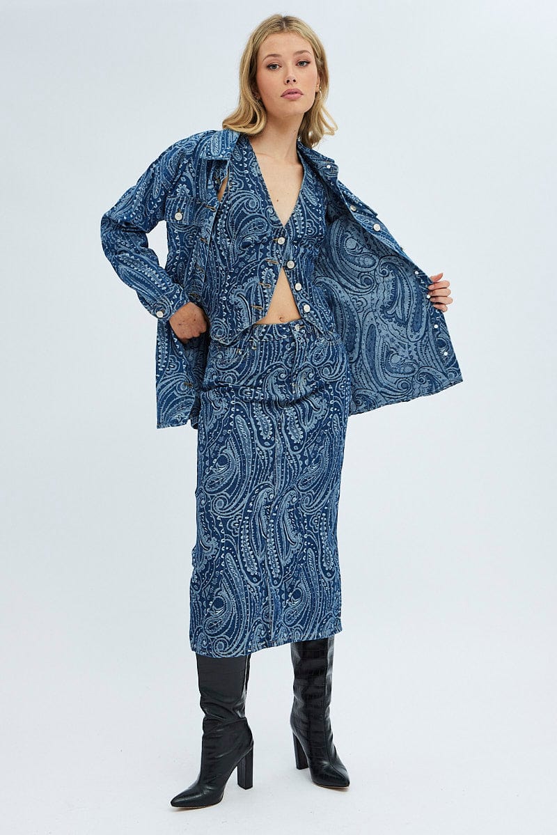 Denim Paisley Shacket Long Sleeve Collared Paisley Denim for Ally Fashion