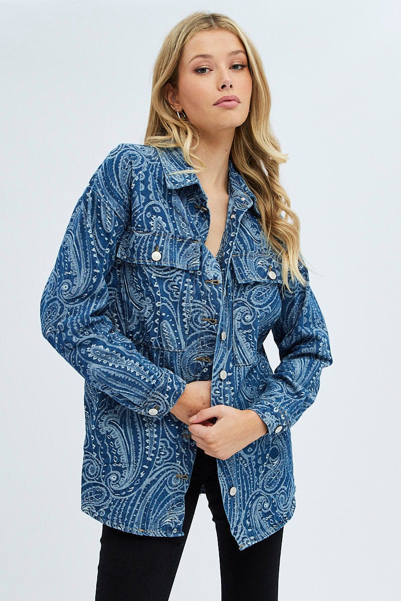 Denim Paisley Shacket Long Sleeve Collared Paisley Denim for Ally Fashion