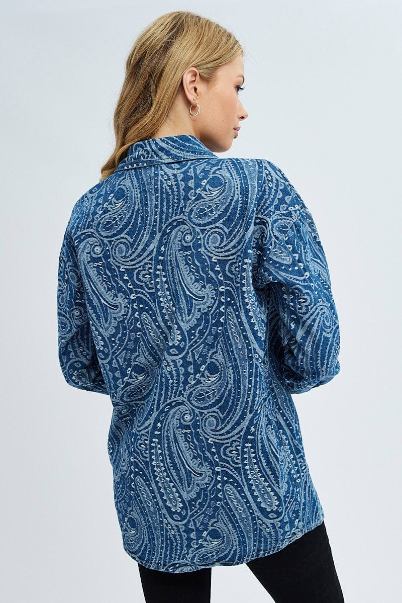 Denim Paisley Shacket Long Sleeve Collared Paisley Denim for Ally Fashion