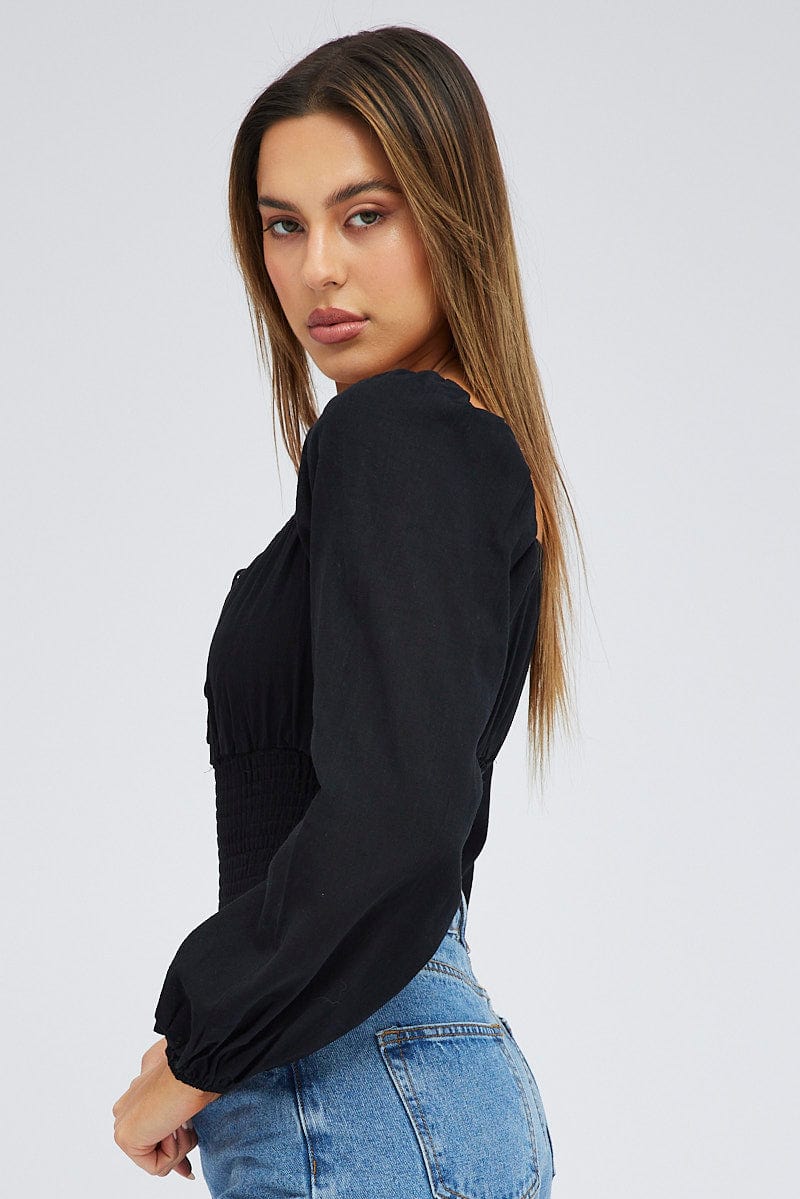 Black Bodysuit Long Sleeve Sweetheart Neck | Ally Fashion