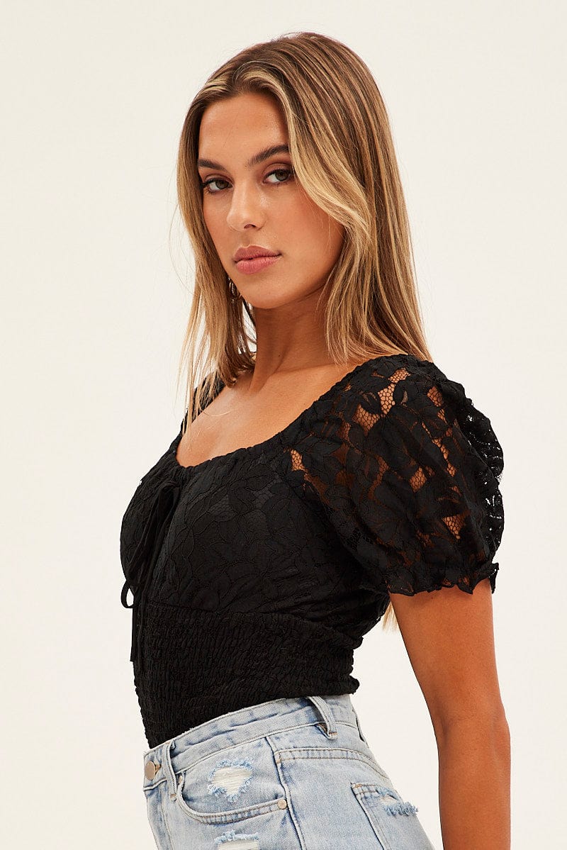 Black Lace Bodysuit Short Sleeve Sweetheart Neckline for Ally Fashion