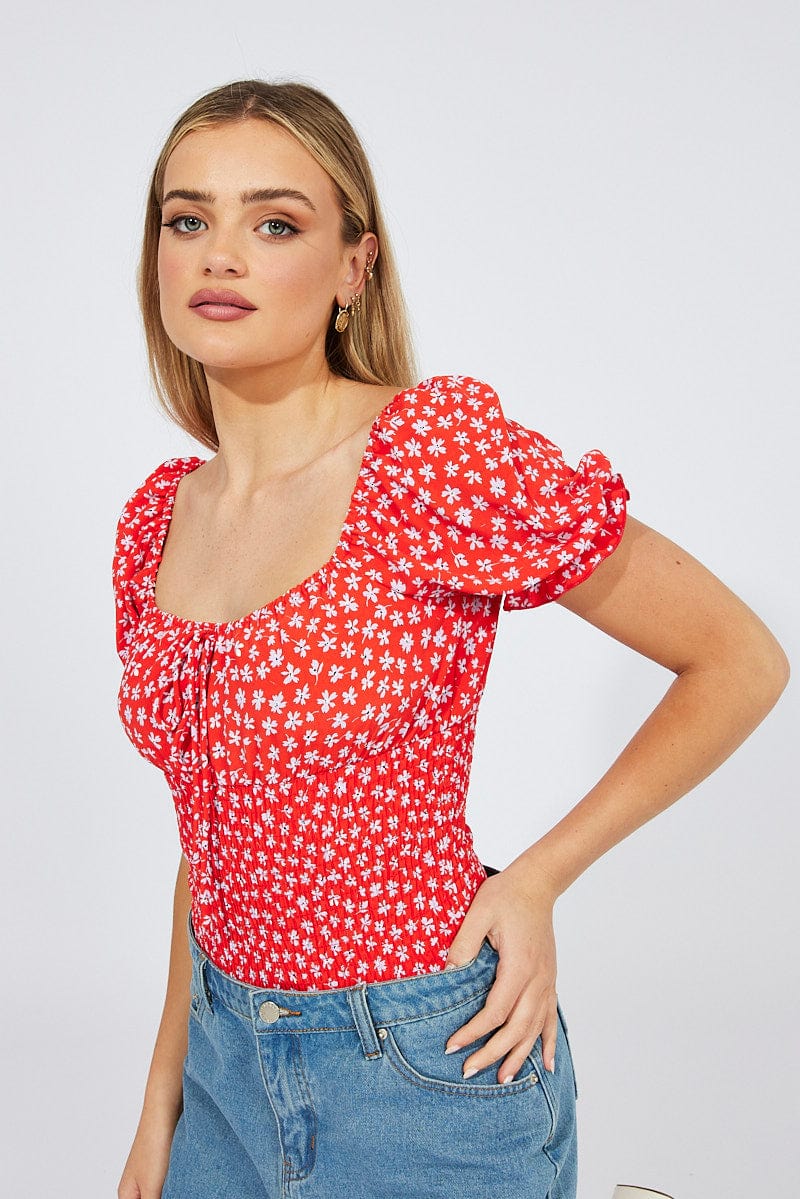 Red Ditsy Bodysuit short Sleeve for Ally Fashion