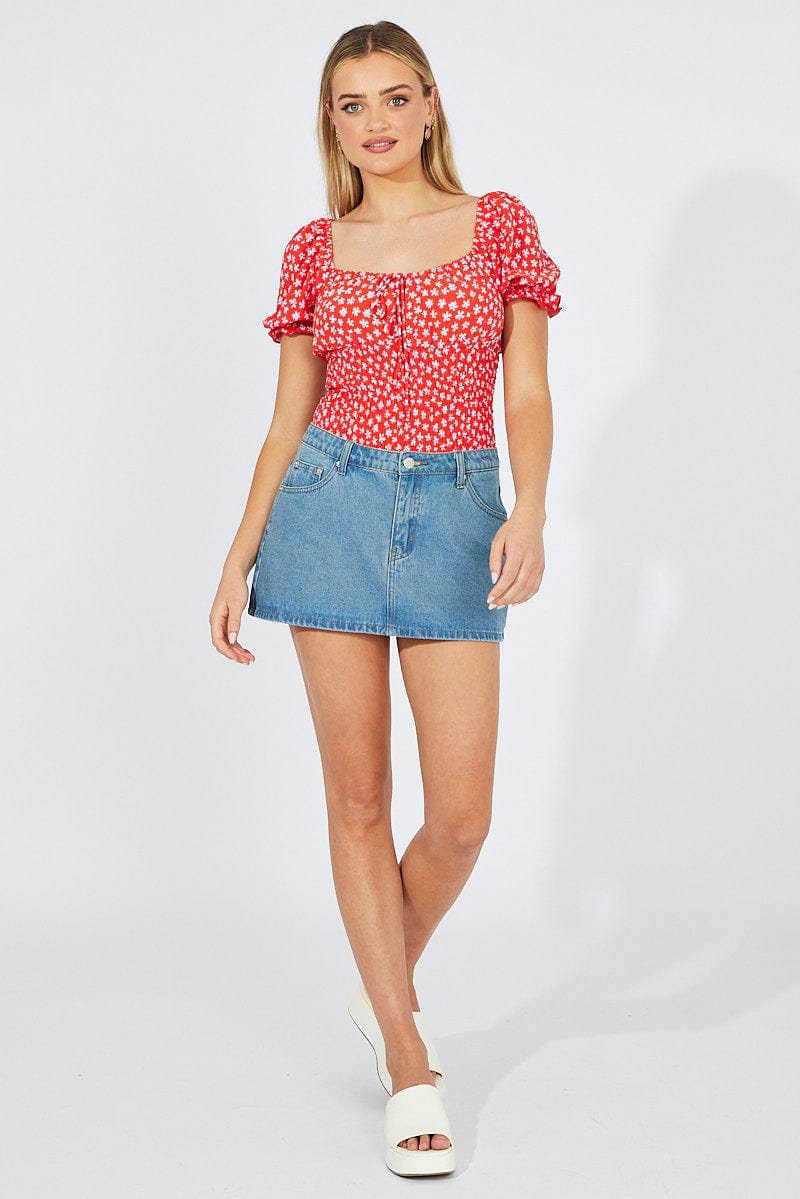 Red Ditsy Bodysuit short Sleeve for Ally Fashion