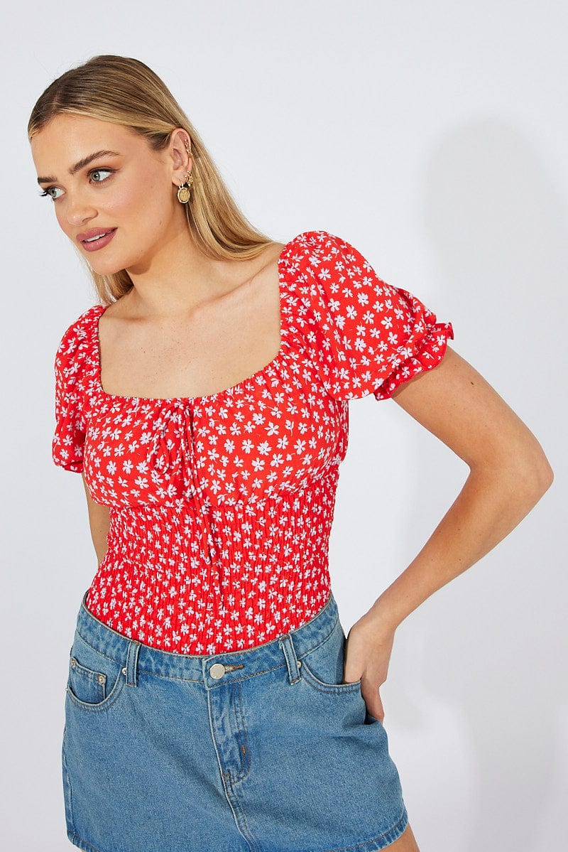 Red Ditsy Bodysuit short Sleeve for Ally Fashion