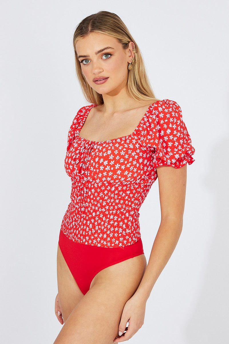 Red Ditsy Bodysuit short Sleeve for Ally Fashion