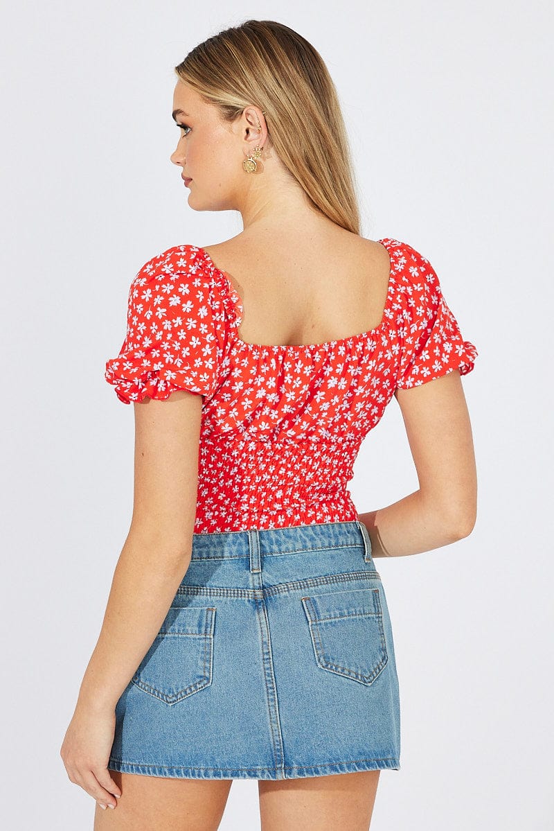 Red Ditsy Bodysuit short Sleeve for Ally Fashion