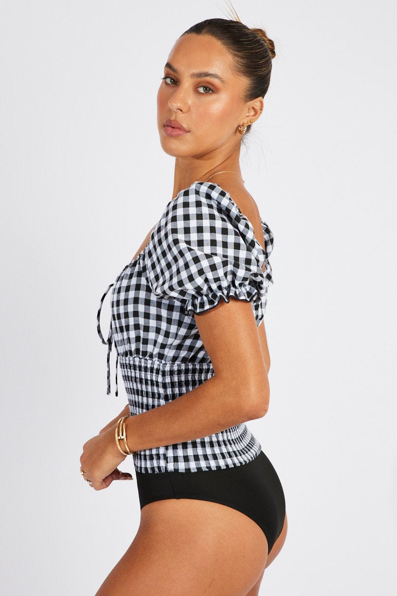 Black Check Bodysuit Short Sleeve for Ally Fashion