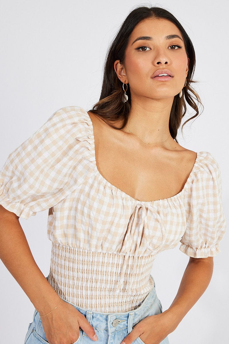 Beige Check Bodysuit Short Sleeve for Ally Fashion