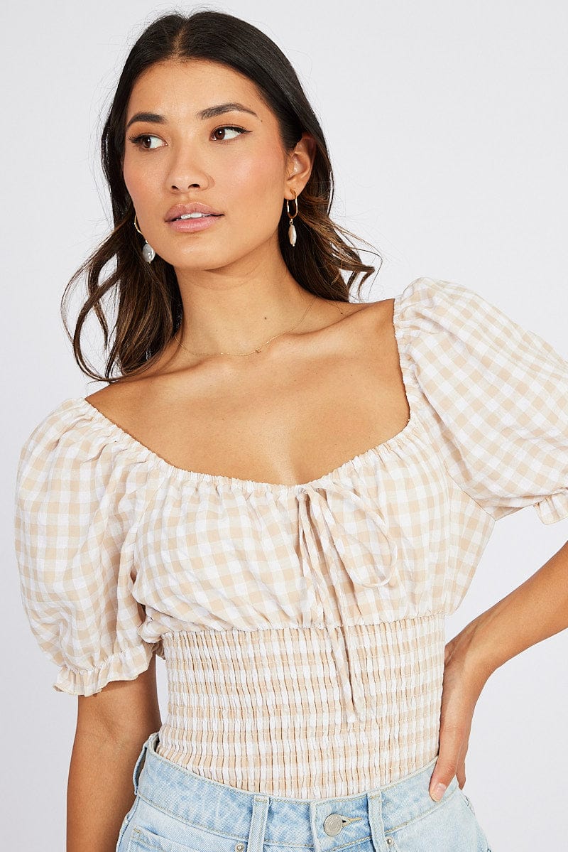 Beige Check Bodysuit Short Sleeve for Ally Fashion