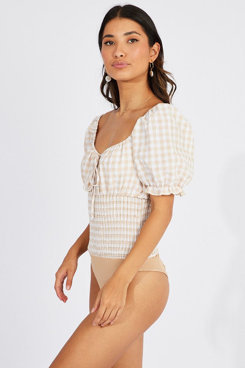 Beige Check Bodysuit Short Sleeve for Ally Fashion