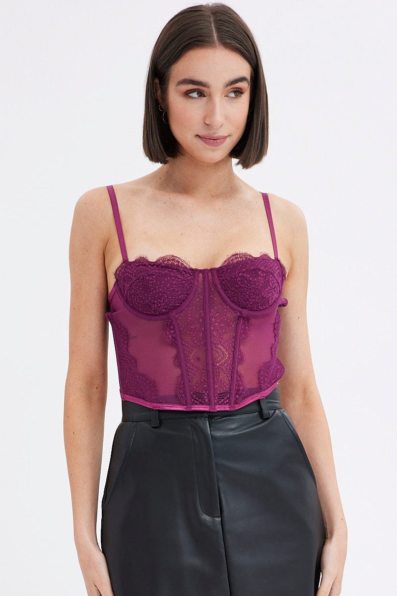 Purple Crop Top Sleeveless Sweetheart Neckline Cami Lace for Ally Fashion