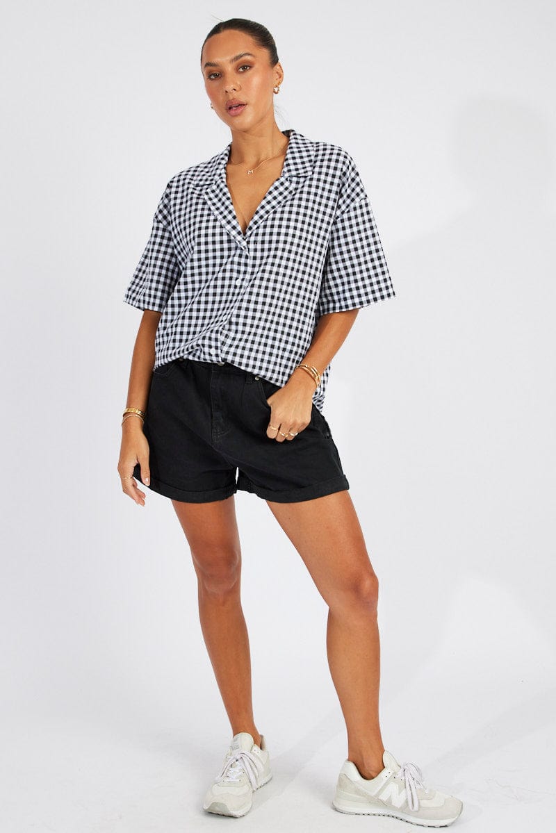 Black Check Shirt Short Sleeve for Ally Fashion