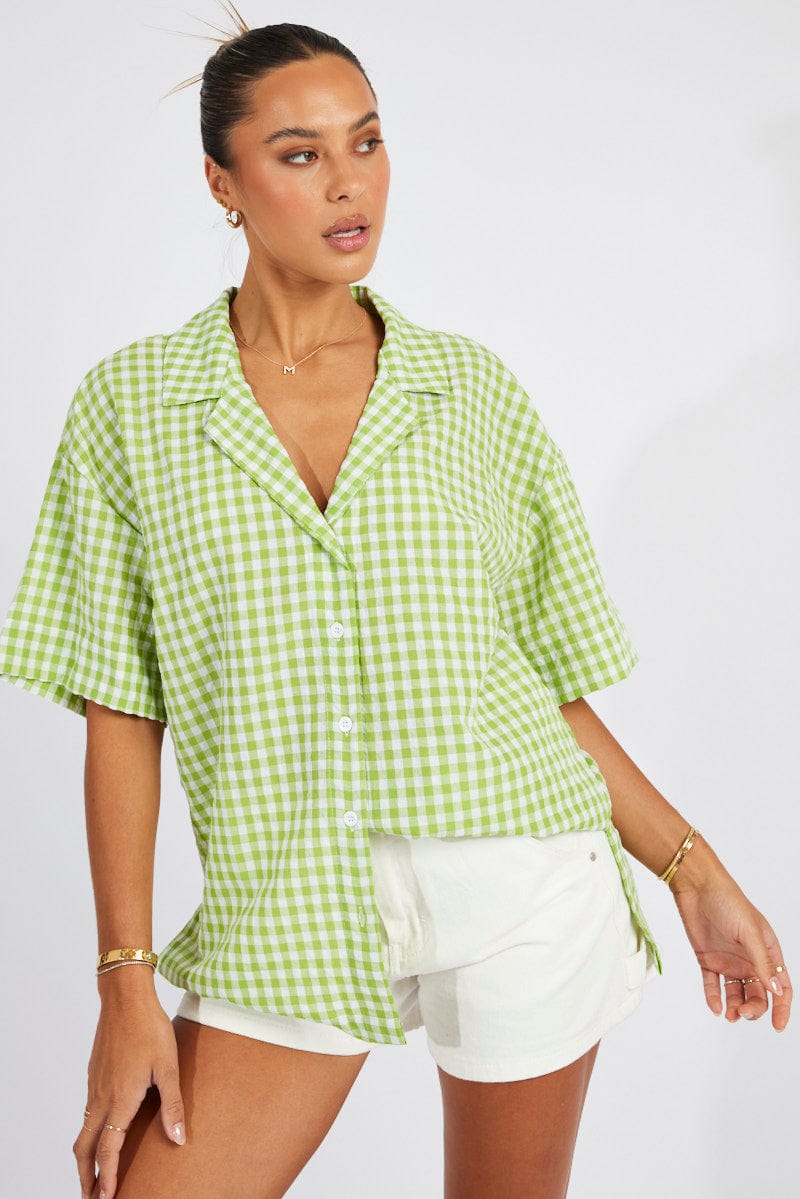 Green Check Shirt Short Sleeve for Ally Fashion