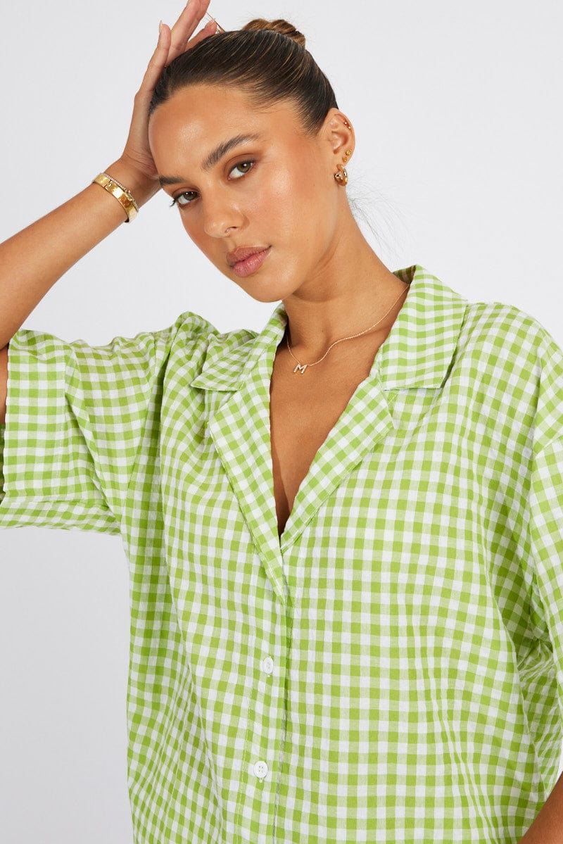 Green Check Shirt Short Sleeve for Ally Fashion