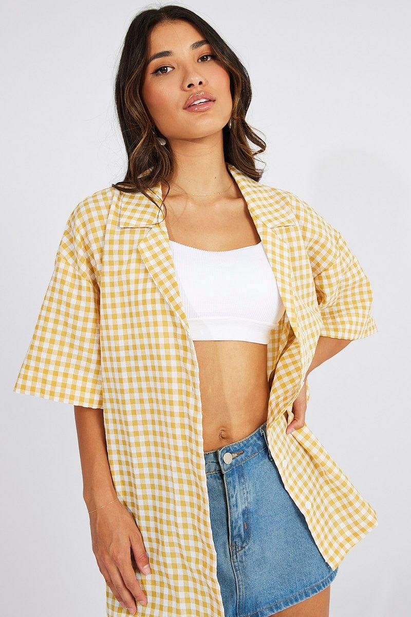 Yellow Check Shirt Short Sleeve for Ally Fashion