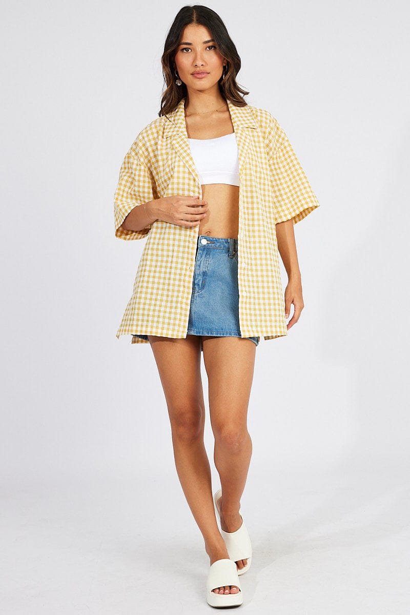 Yellow Check Shirt Short Sleeve for Ally Fashion