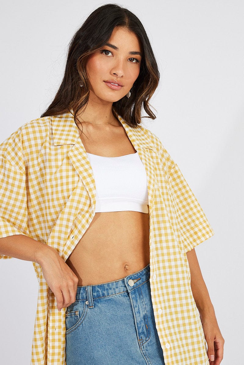 Yellow Check Shirt Short Sleeve for Ally Fashion