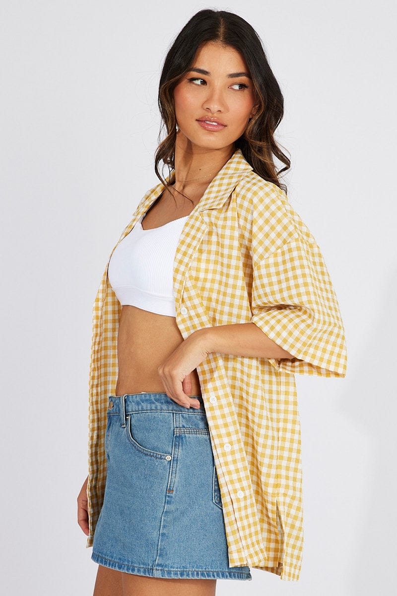 Yellow Check Shirt Short Sleeve for Ally Fashion