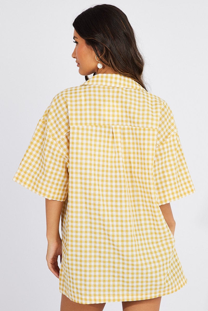 Yellow Check Shirt Short Sleeve for Ally Fashion