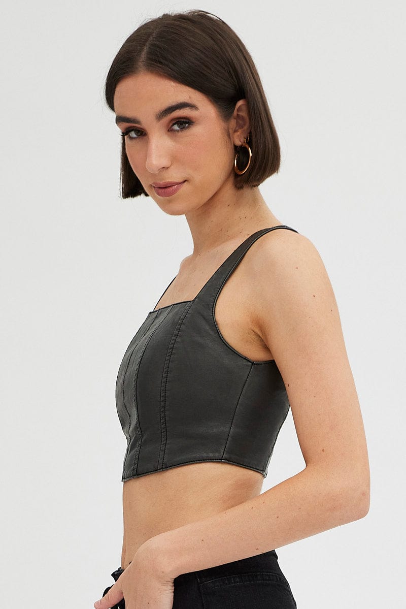 Black Washed Black Faux Leather Top Sleeveless for Ally Fashion