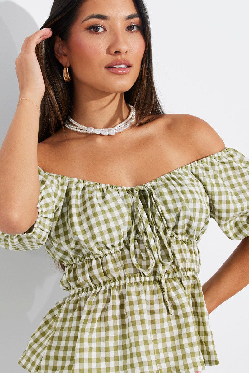 Green Check Ruched Peplum Top Short Sleeve for Ally Fashion