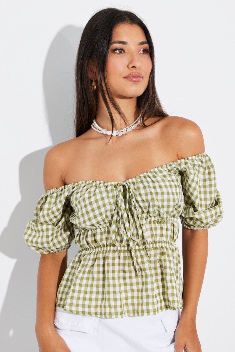 Green Check Ruched Peplum Top Short Sleeve for Ally Fashion