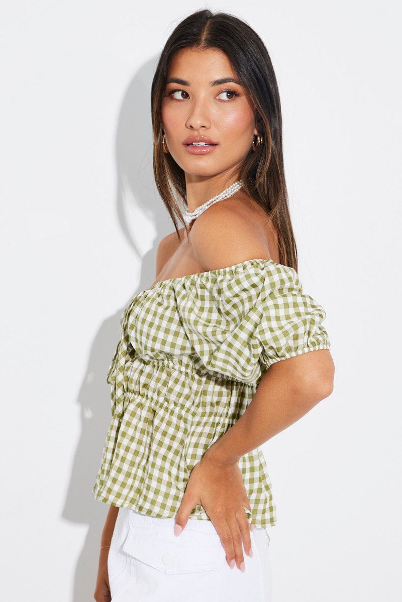 Green Check Ruched Peplum Top Short Sleeve for Ally Fashion